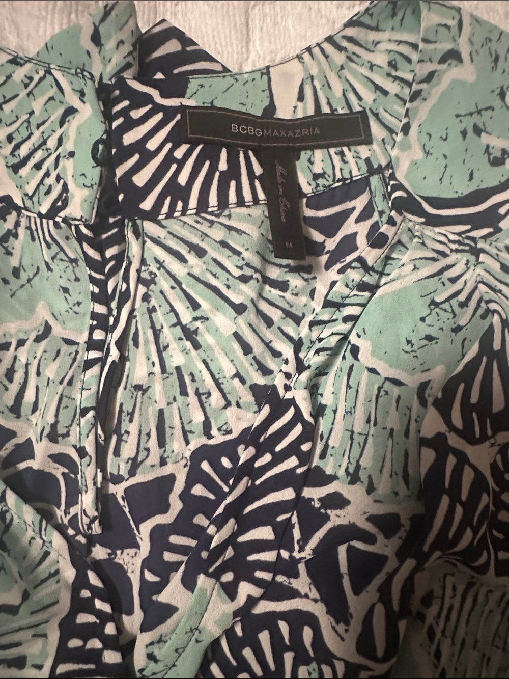 BCBGMaxAzria Seafoam Green and Navy Abstract Print Button-Down Shirt
